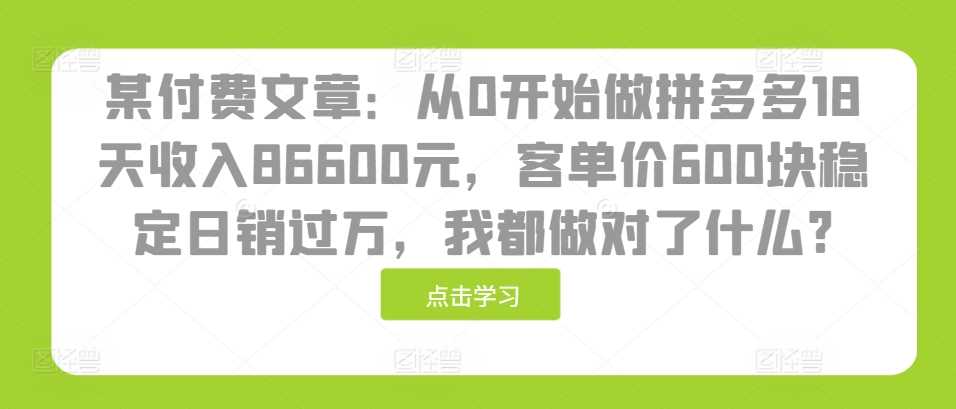 从0开始做拼多多18天收入86600元,客单价600块稳定日销过万,我都做对了什么?-钞能力网全创