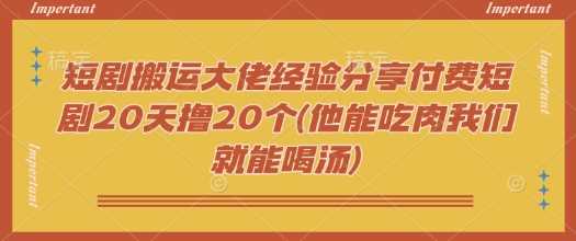 短剧搬运大佬经验分享付费短剧20天撸20个(他能吃肉我们就能喝汤)-钞能力网全创