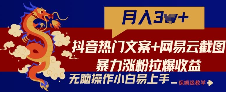 抖音热门文案+网易云截图暴力涨粉拉爆收益玩法，小白无脑操作，简单易上手【揭秘】-钞能力网全创