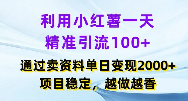 利用小红书一天精准引流100+，通过卖项目单日变现2k+，项目稳定，越做越香【揭秘】-钞能力网全创
