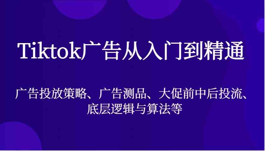 Tiktok广告从入门到精通，广告投放策略、广告测品、大促前中后投流、底层逻辑与算法等-钞能力网全创