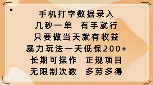 手机打字数据录入，几秒一单，有手就行，只要做当天就有收益，暴力玩法一天低保2张-钞能力网全创