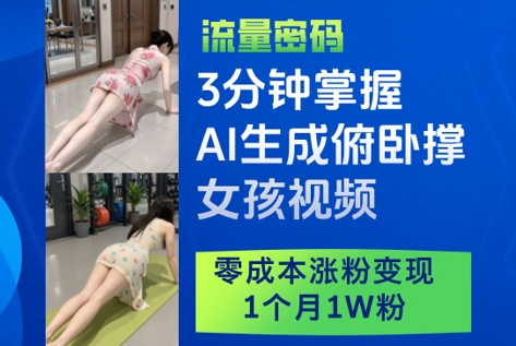 【AI+短视频】3分钟掌握AI生成俯卧撑女孩视频，零成本涨粉变现，1个月1W粉-钞能力网全创