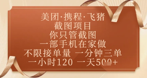 飞猪美团截图项目，你只管截图，一部手机在家做，正规平台无套路，一天5张+【揭秘】-钞能力网全创