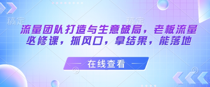 流量团队打造与生意破局，老板流量必修课，抓风口，拿结果，能落地-钞能力网全创