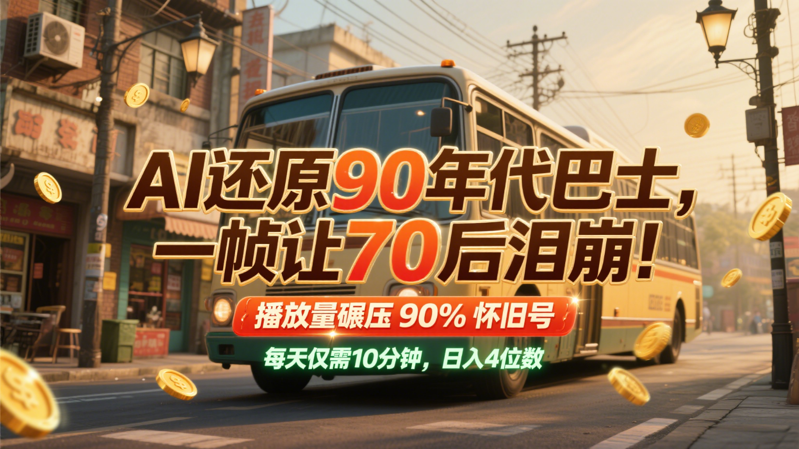 AI还原90年代巴士，一帧让70后泪崩！播放量碾压90%怀旧号，每天10分钟，日入4位数-钞能力网全创