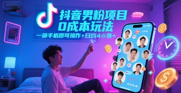 抖音男粉项目0成本玩法，一部手机即可操作，日均4张+，时间自由-钞能力网全创